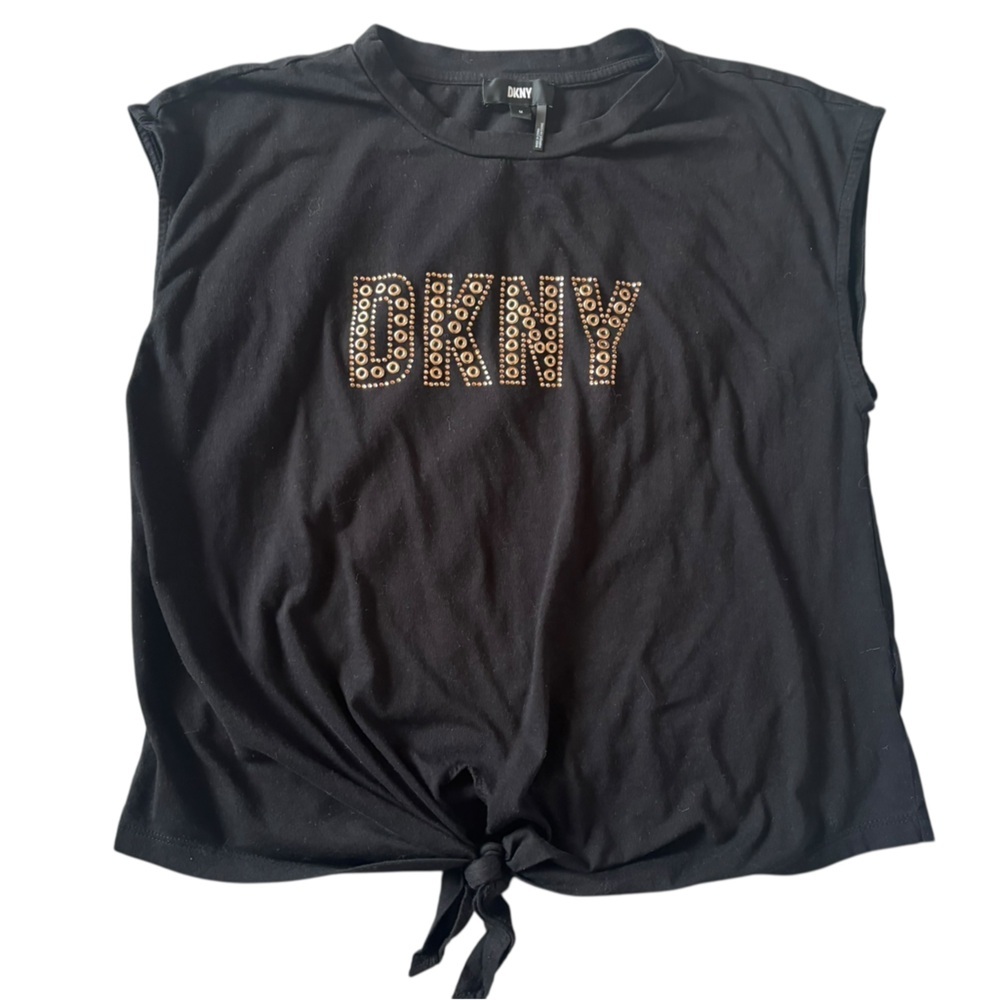DKNY Black Y2K Logo Tee Center Front Tie Stud Detail Medium
